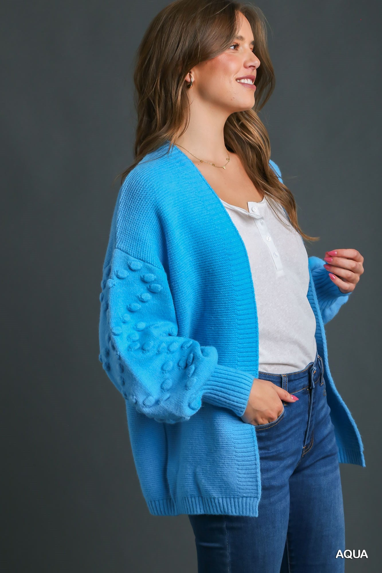Umgee Open Front Pom Pom Details On Sleeves Cardigan Sweater - Roulhac Fashion Boutique