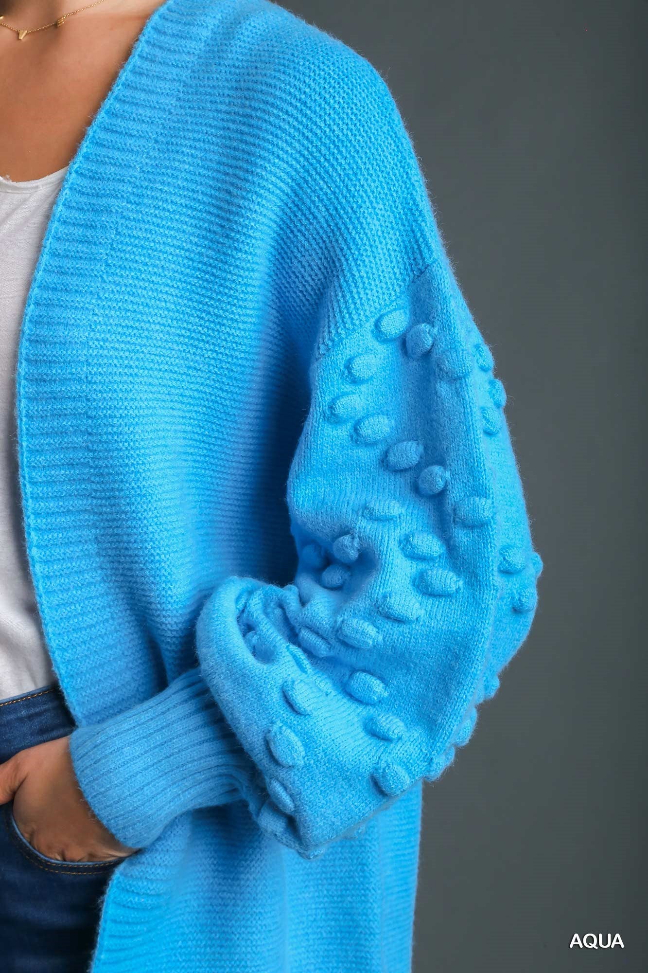 Umgee Open Front Pom Pom Details On Sleeves Cardigan Sweater - Roulhac Fashion Boutique