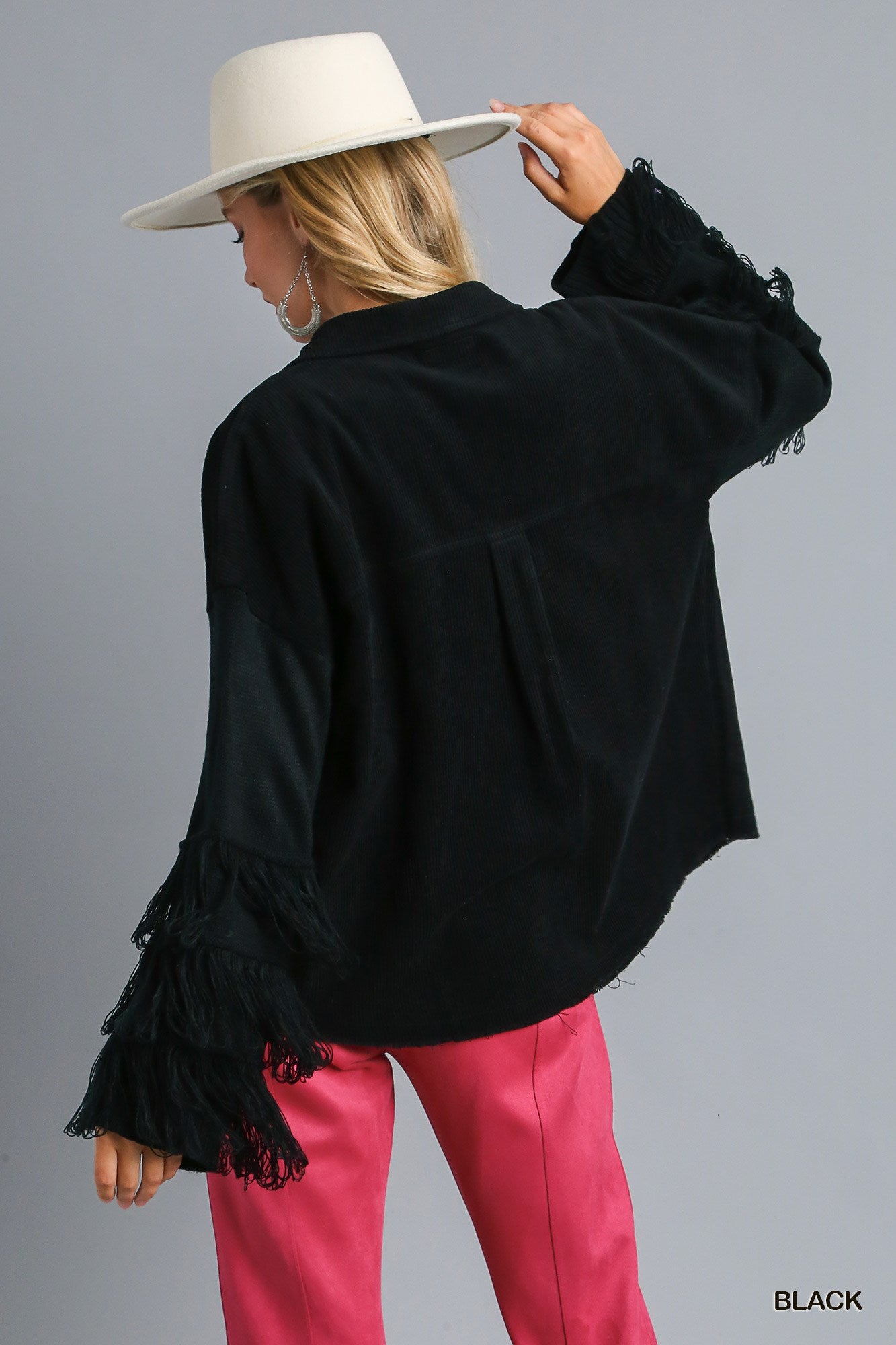Umgee Corduroy Chest Pocket Collar Button Down Fringe Jacket