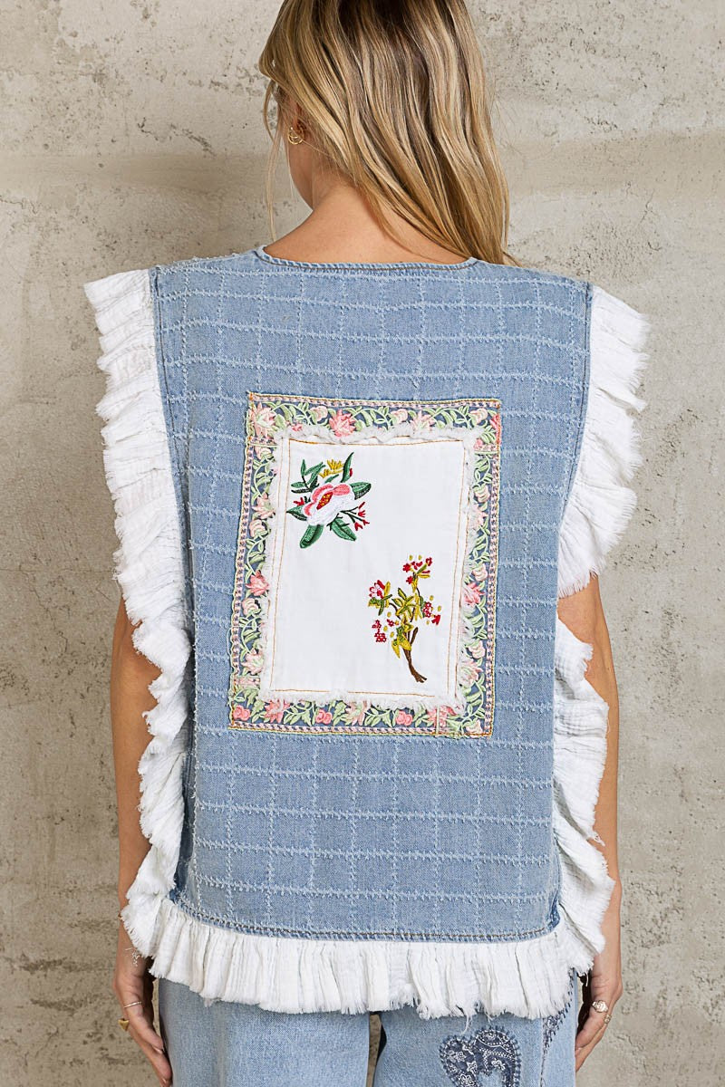 POL Patch Work Ruffle Trim Tie Front Square Denim Vest Top
