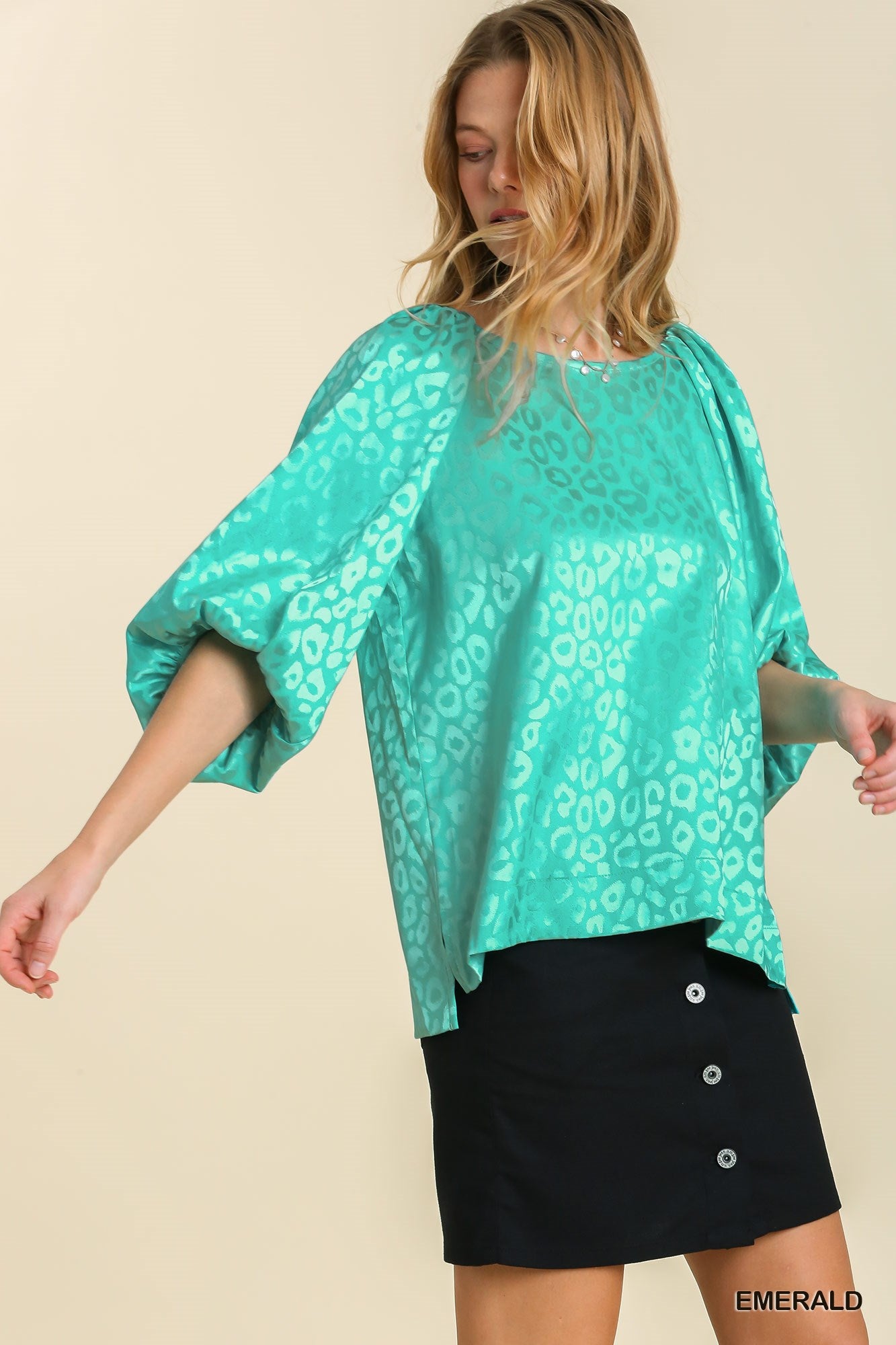 Umgee Satin Animal Print Puff Sleeve Side Slits Tank Top - Roulhac Fashion Boutique