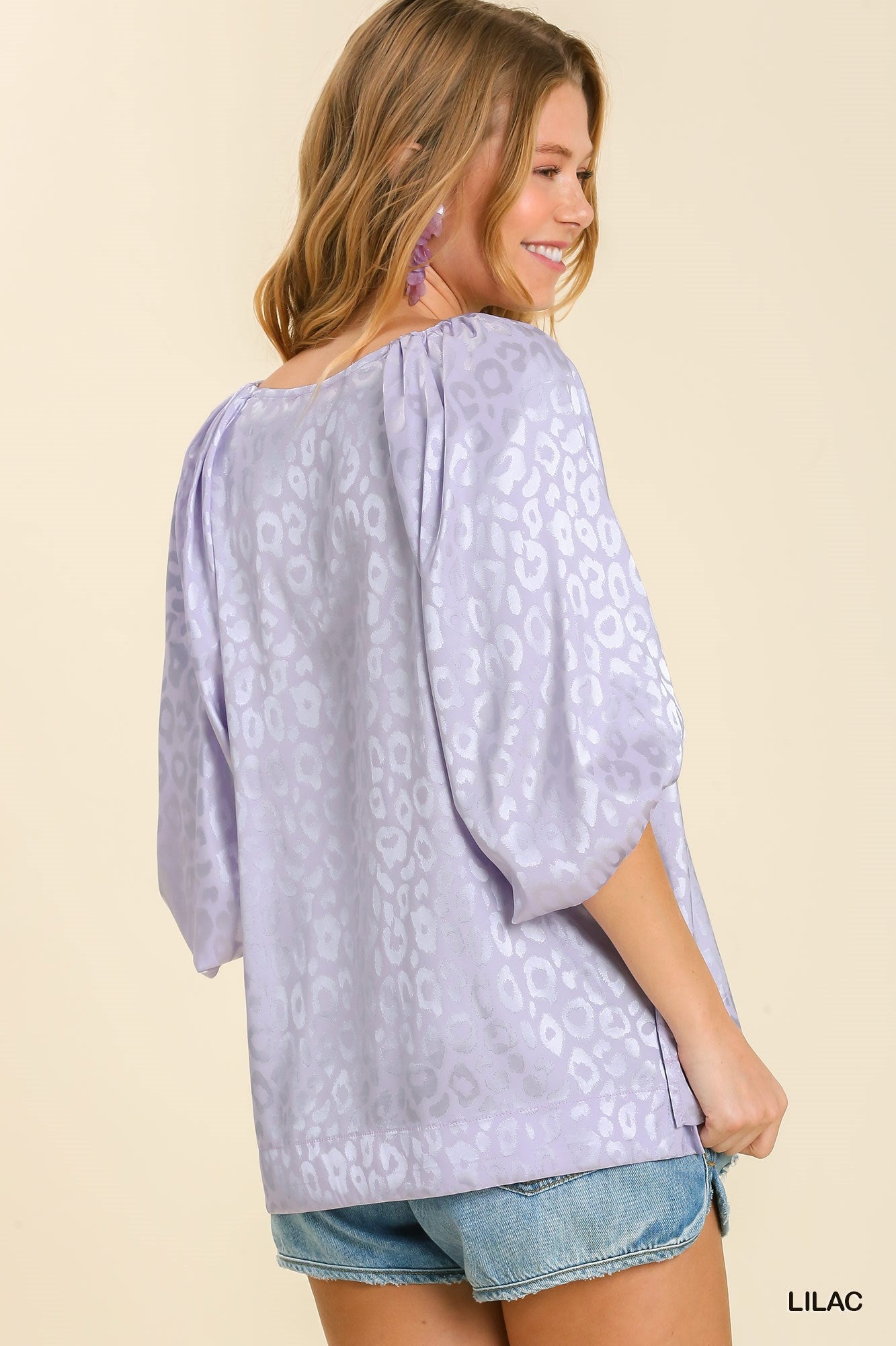 Umgee Satin Animal Print Puff Sleeve Side Slits Tank Top