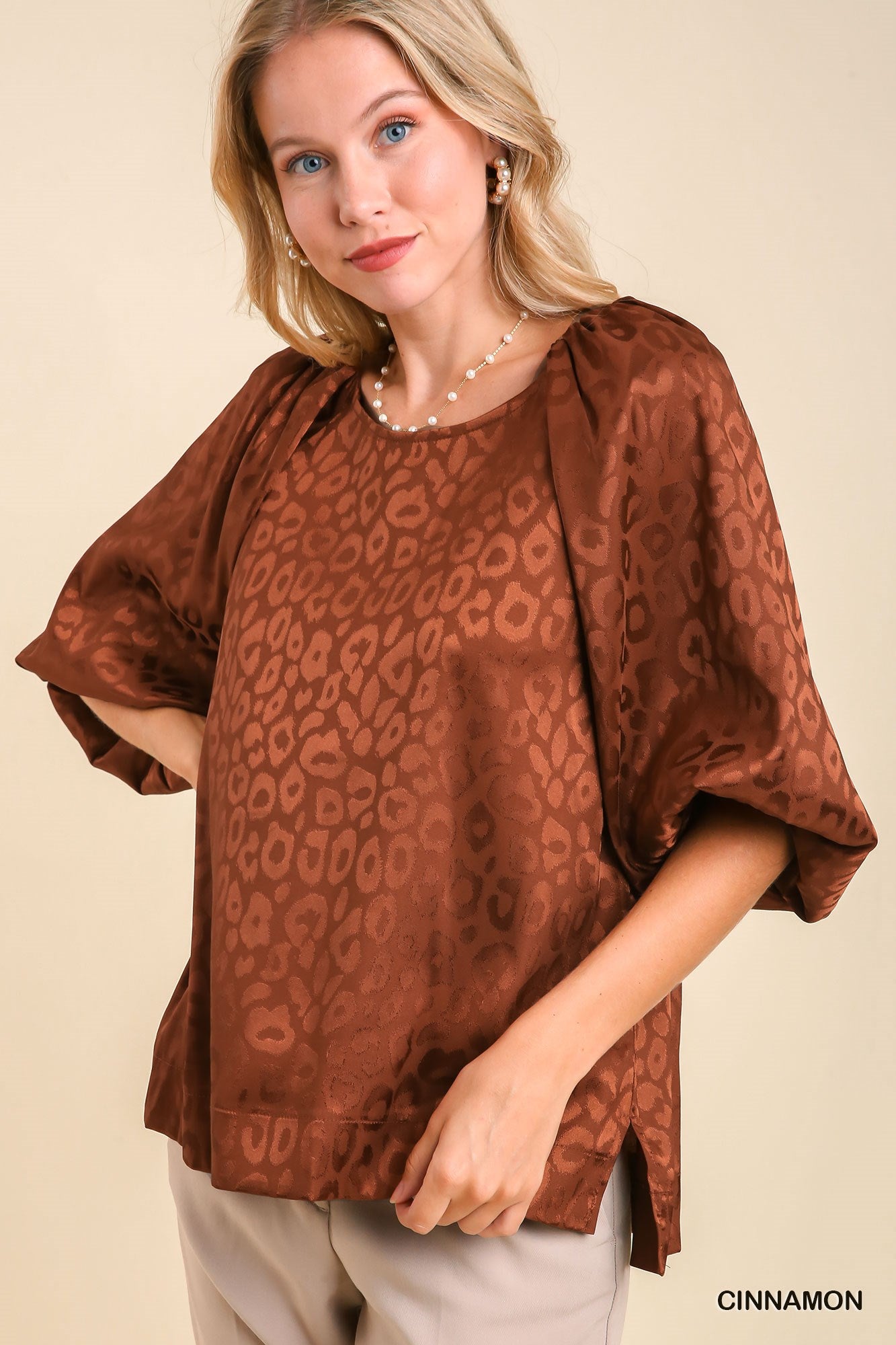 Umgee Satin Animal Print Puff Sleeve Side Slits Tank Top - Roulhac Fashion Boutique