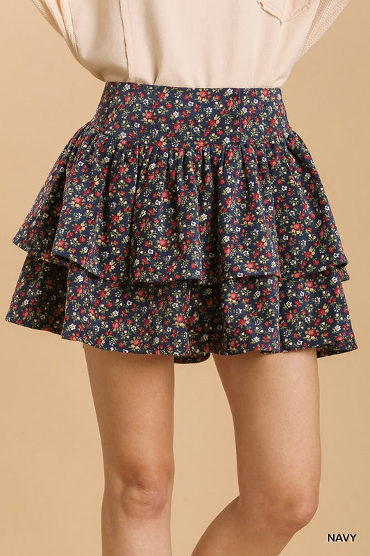 Umgee Floral Print Mineral Wash Layered Ruffle Skirt