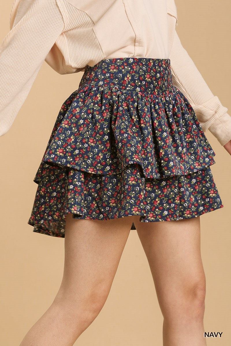 Umgee Floral Print Mineral Wash Layered Ruffle Skirt