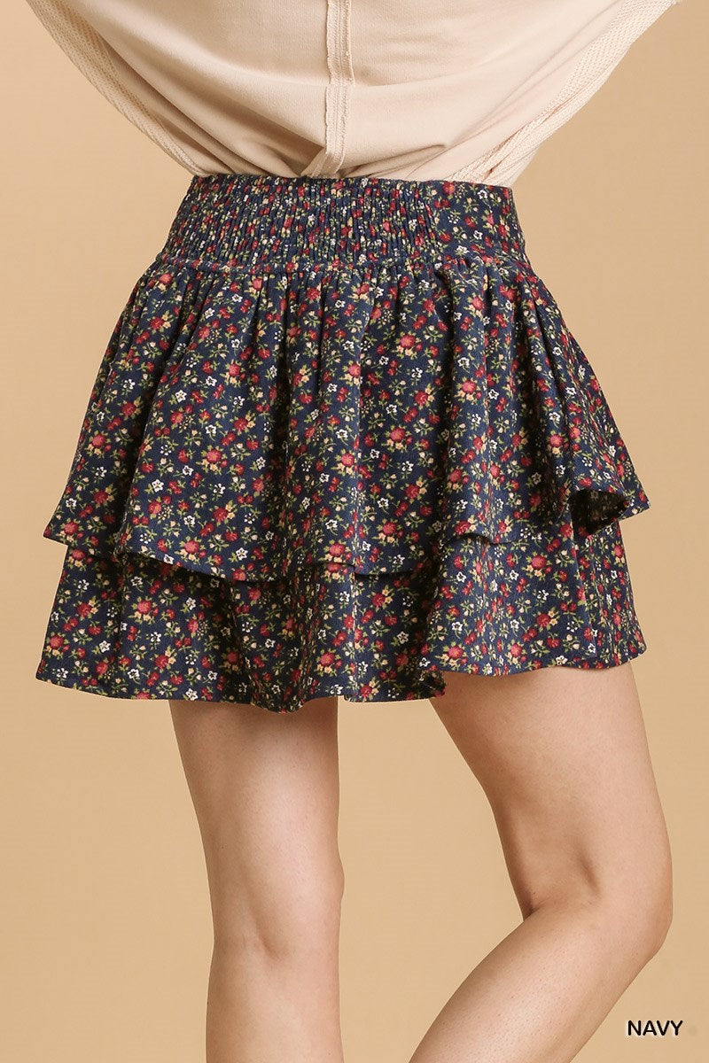 Umgee Floral Print Mineral Wash Layered Ruffle Skirt