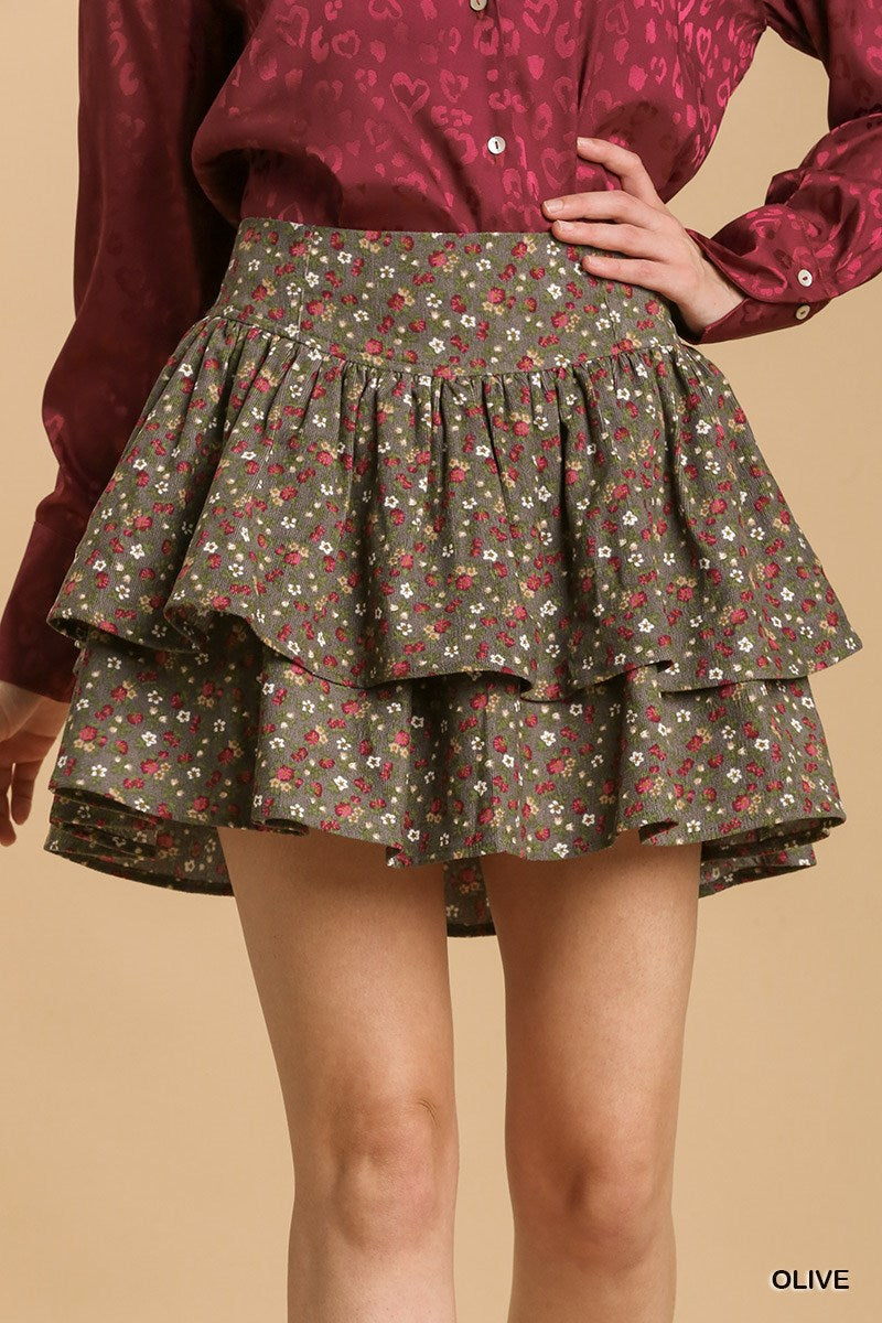 Umgee Floral Print Mineral Wash Layered Ruffle Skirt
