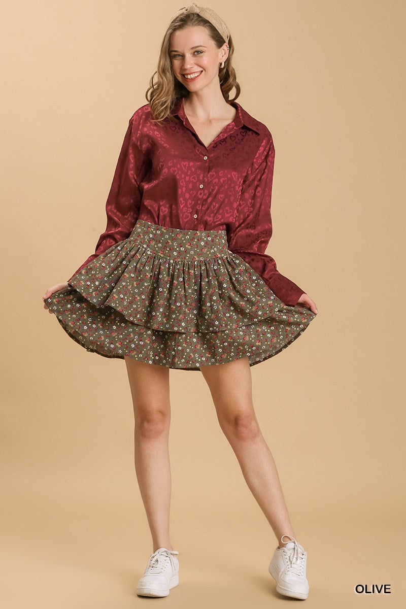 Umgee Floral Print Mineral Wash Layered Ruffle Skirt