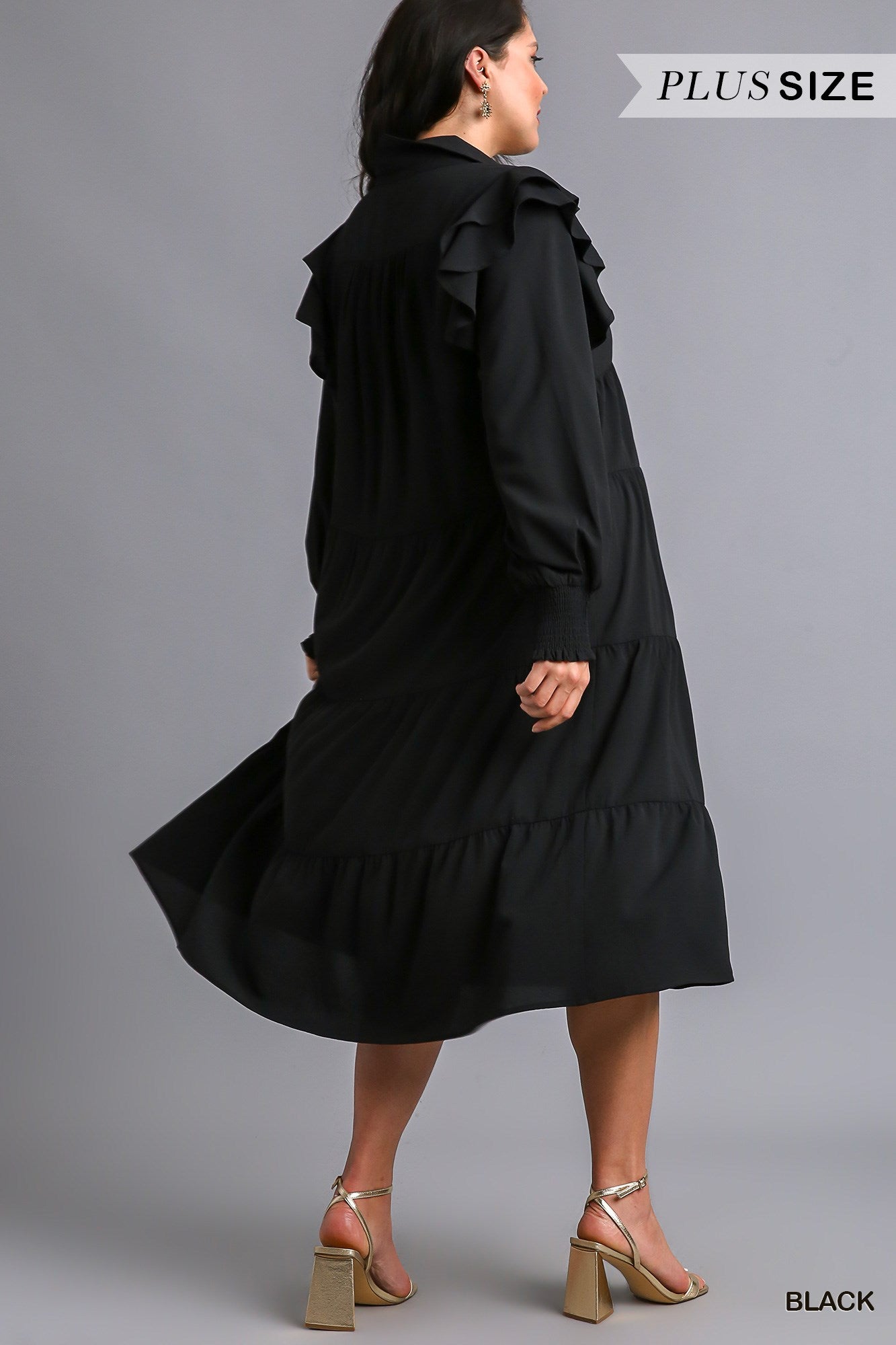 Umgee Plus V-Neck Collared Ruffle Long Sleeves Tiered Maxi Dress