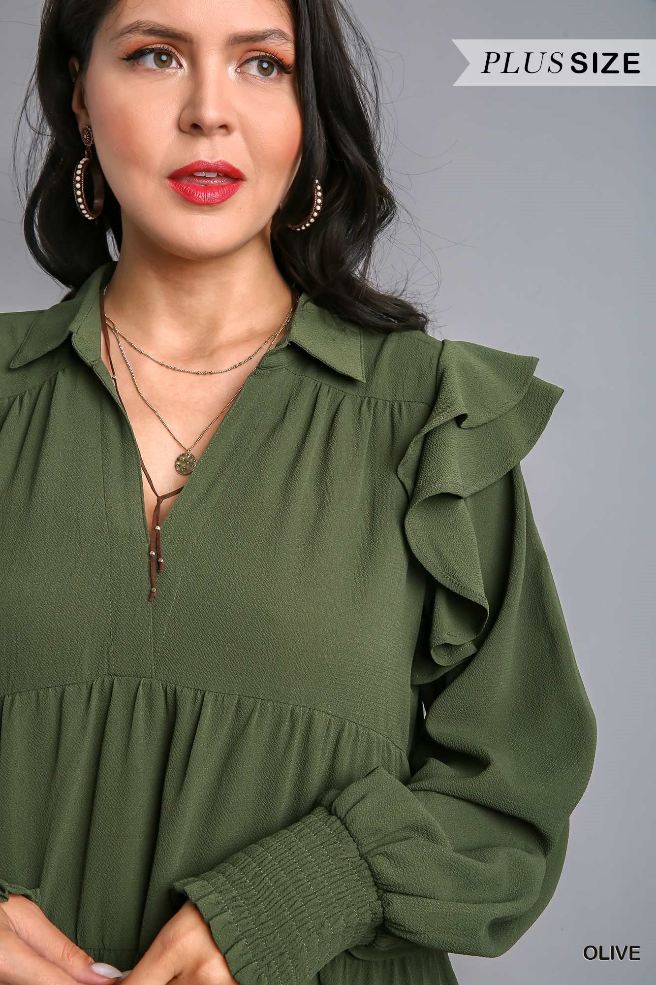 Umgee Plus V-Neck Collared Ruffle Long Sleeves Tiered Maxi Dress