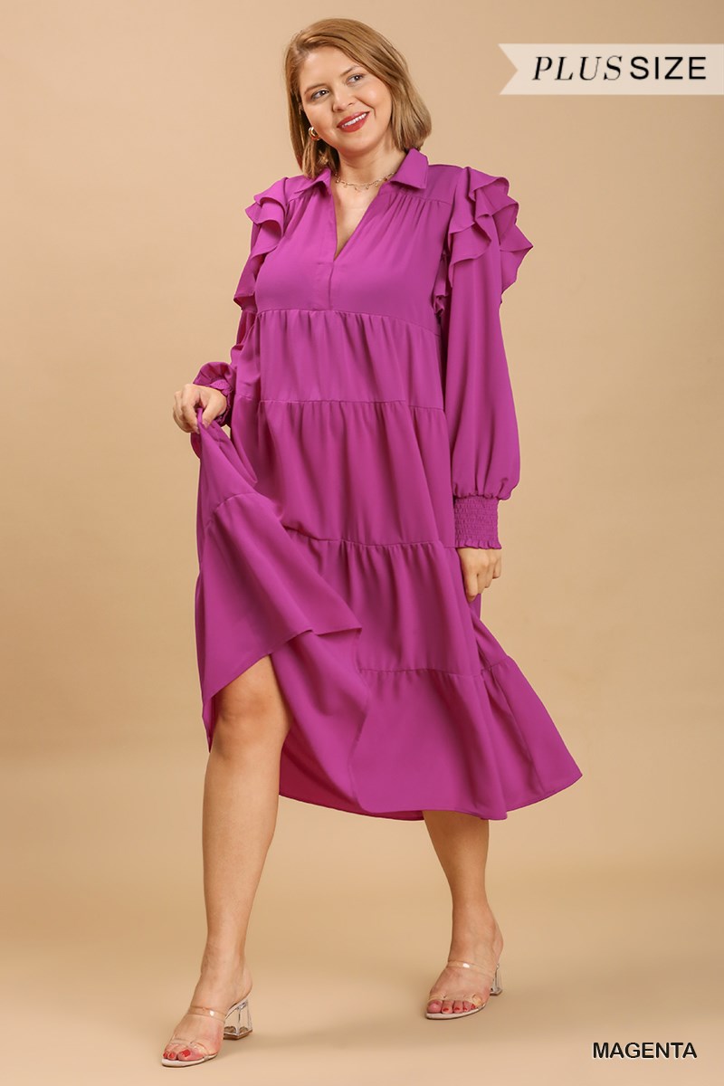 Umgee Plus V-Neck Collared Ruffle Long Sleeves Tiered Maxi Dress