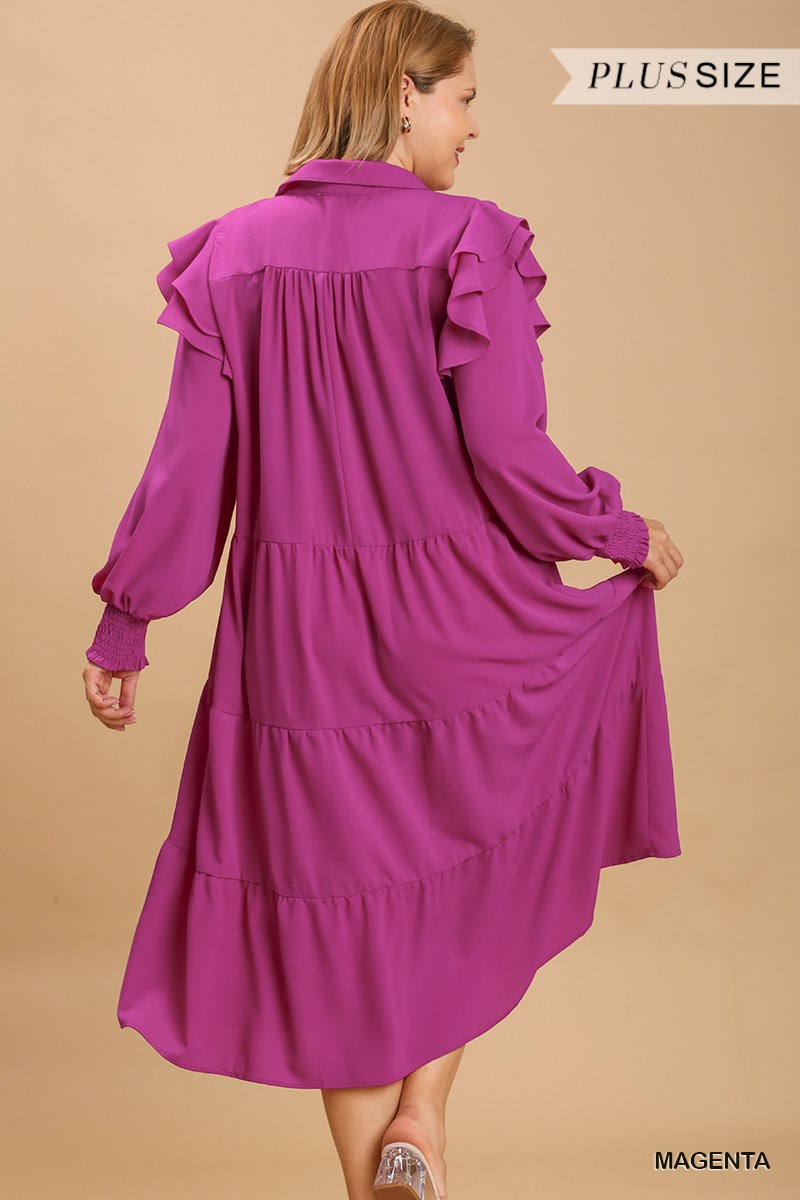 Umgee Plus V-Neck Collared Ruffle Long Sleeves Tiered Maxi Dress