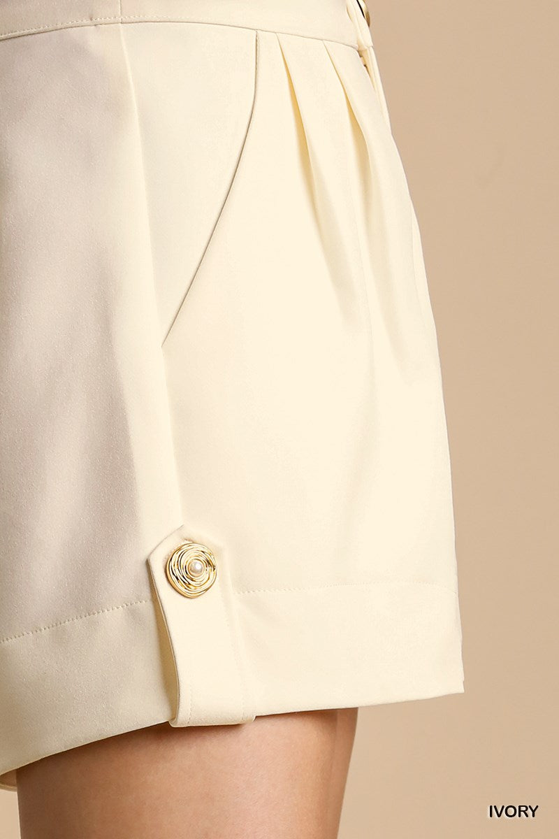 Umgee Pleated Front Button Zip Wide-Leg Side Button Shorts