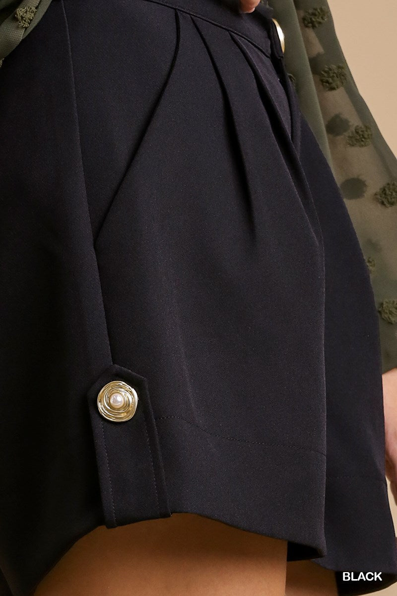 Umgee Pleated Front Button Zip Wide-Leg Side Button Shorts