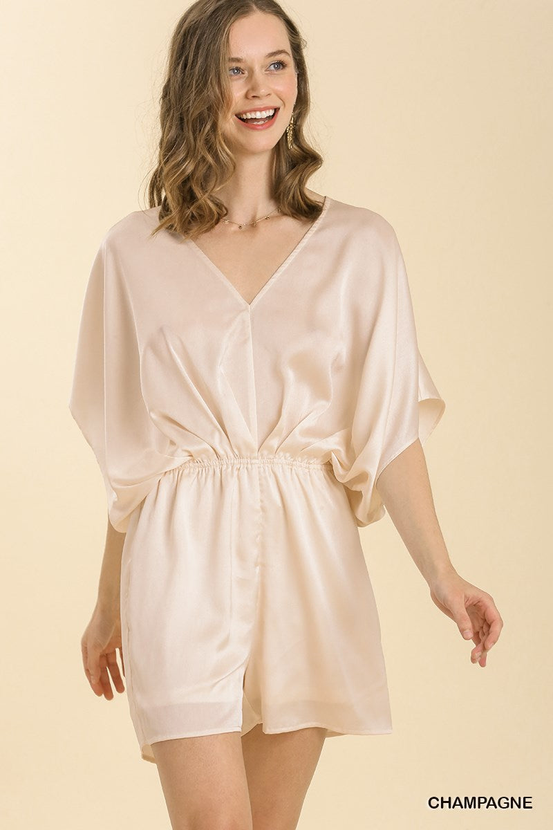 Umgee Satin V-Neck Bell Sleeve Open Back Tie Romper