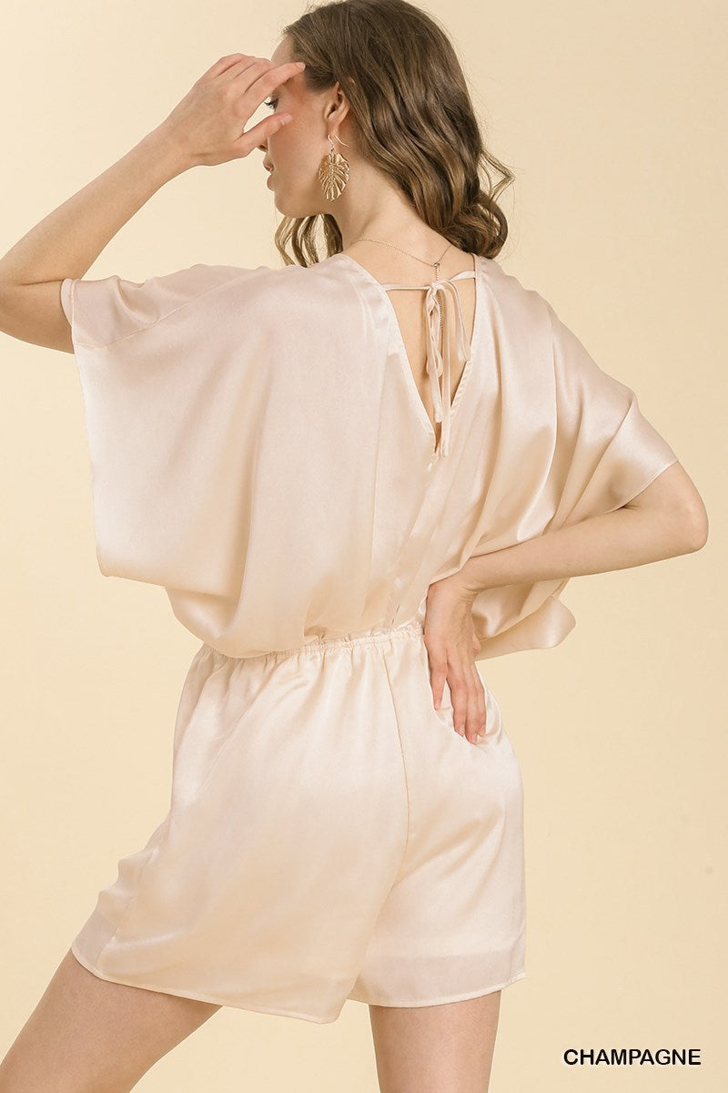 Umgee Satin V-Neck Bell Sleeve Open Back Tie Romper
