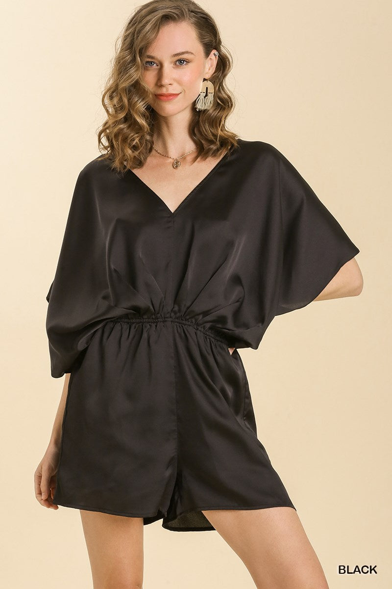 Umgee Satin V-Neck Bell Sleeve Open Back Tie Romper