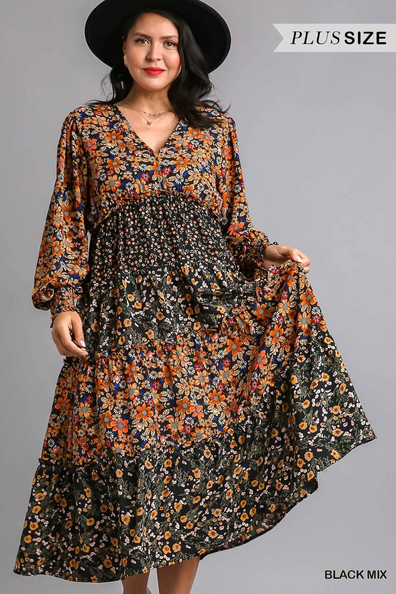 Umgee Plus V-Neck Floral Print Midi Dress