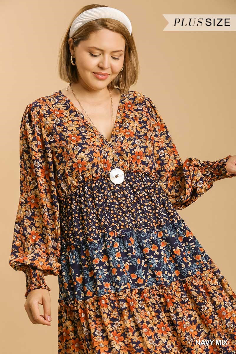 Umgee Plus V-Neck Floral Print Midi Dress