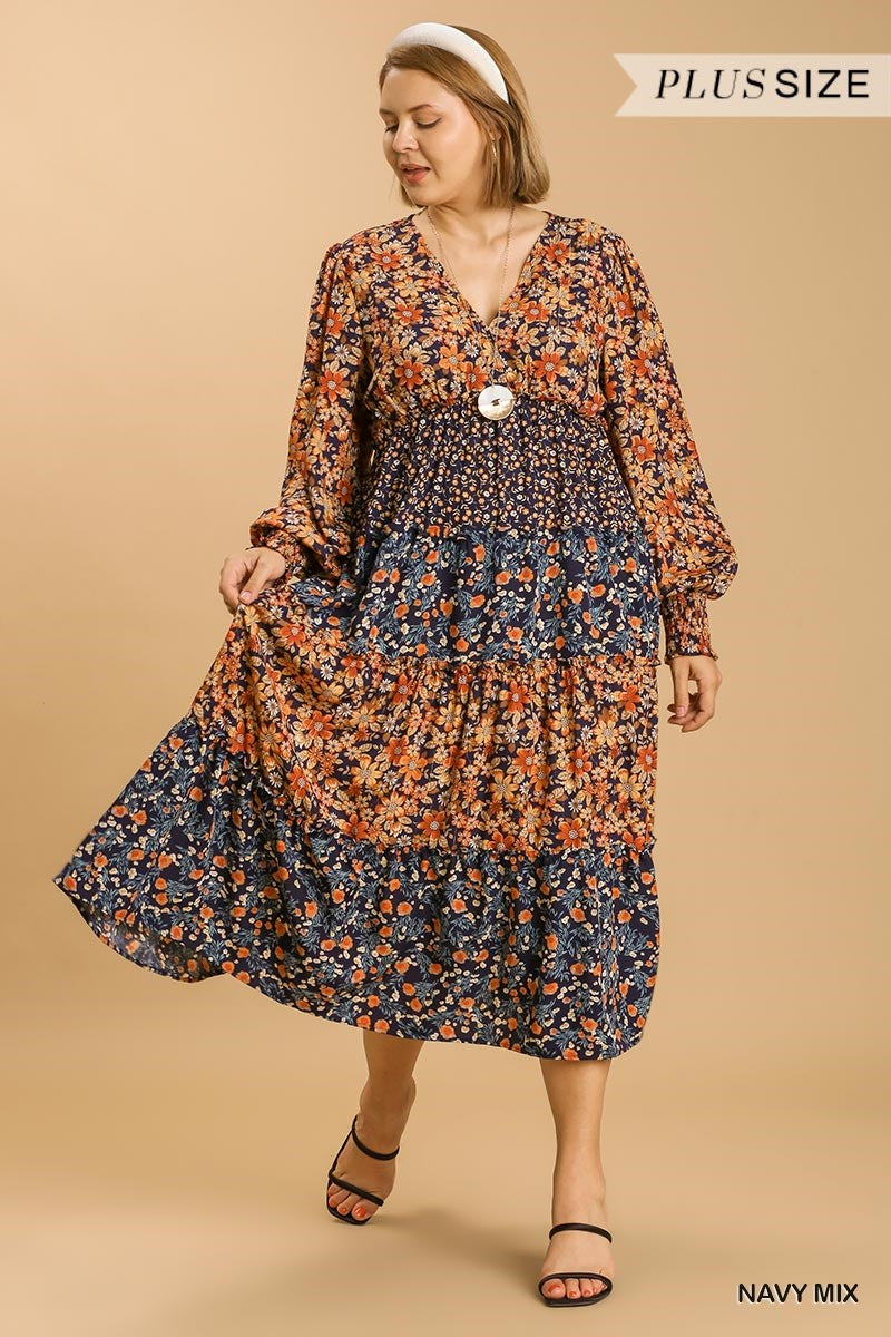 Umgee Plus V-Neck Floral Print Midi Dress