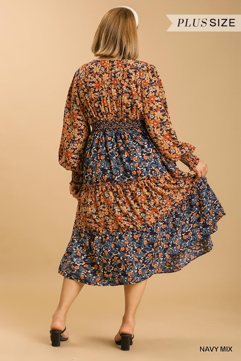 Umgee Plus V-Neck Floral Print Midi Dress