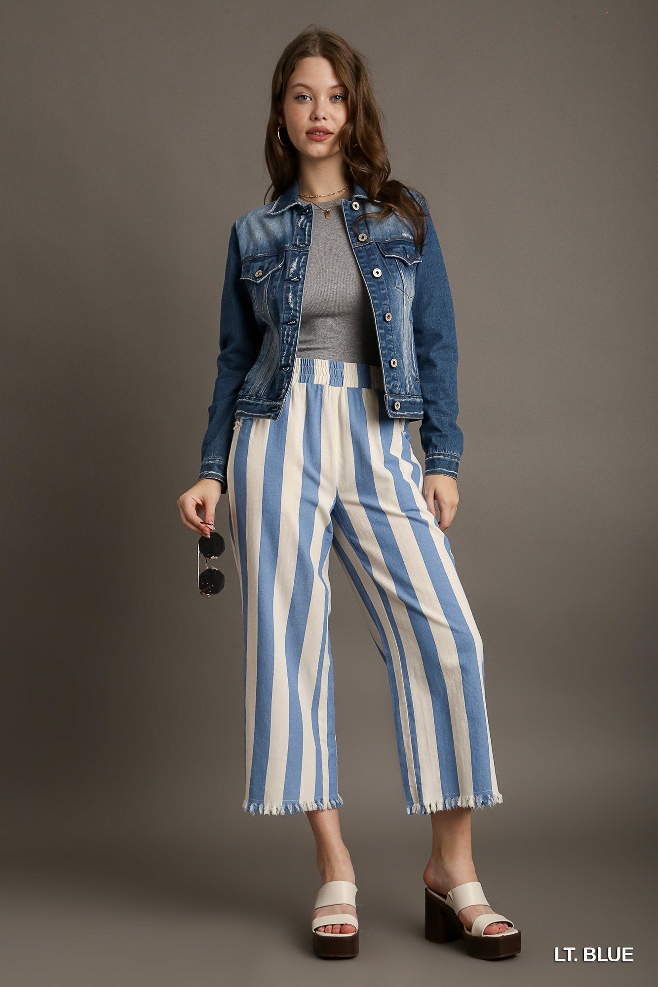 Umgee Stripped Frayed Hem Side Pockets No Lining Pants