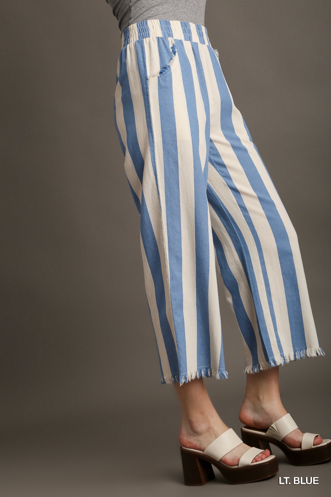 Umgee Stripped Frayed Hem Side Pockets No Lining Pants