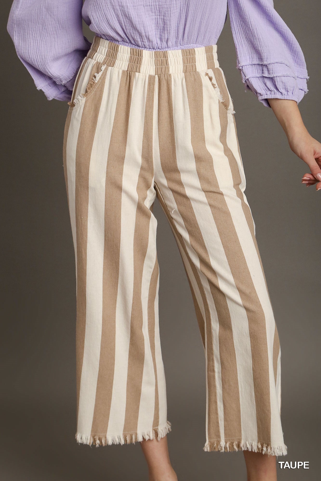 Umgee Stripped Frayed Hem Side Pockets No Lining Pants