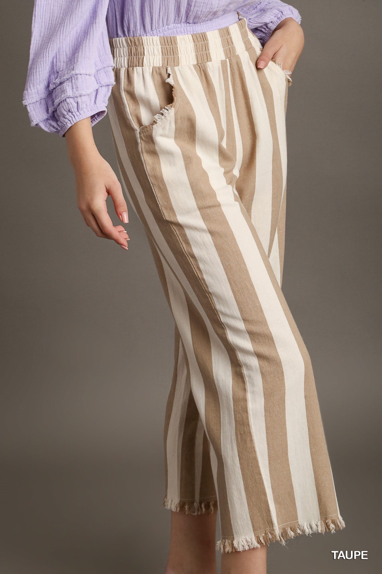 Umgee Stripped Frayed Hem Side Pockets No Lining Pants