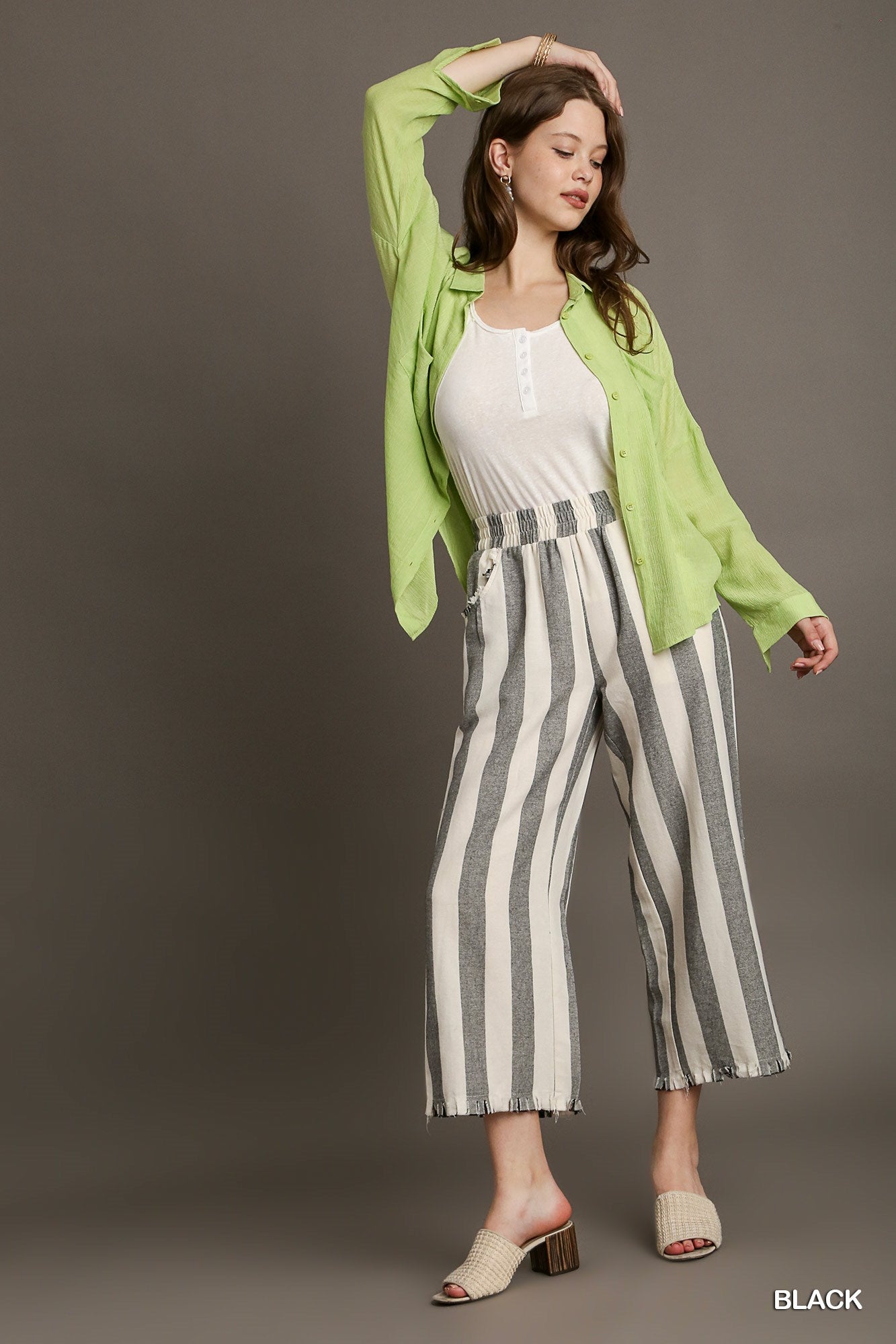 Umgee Stripped Frayed Hem Side Pockets No Lining Pants