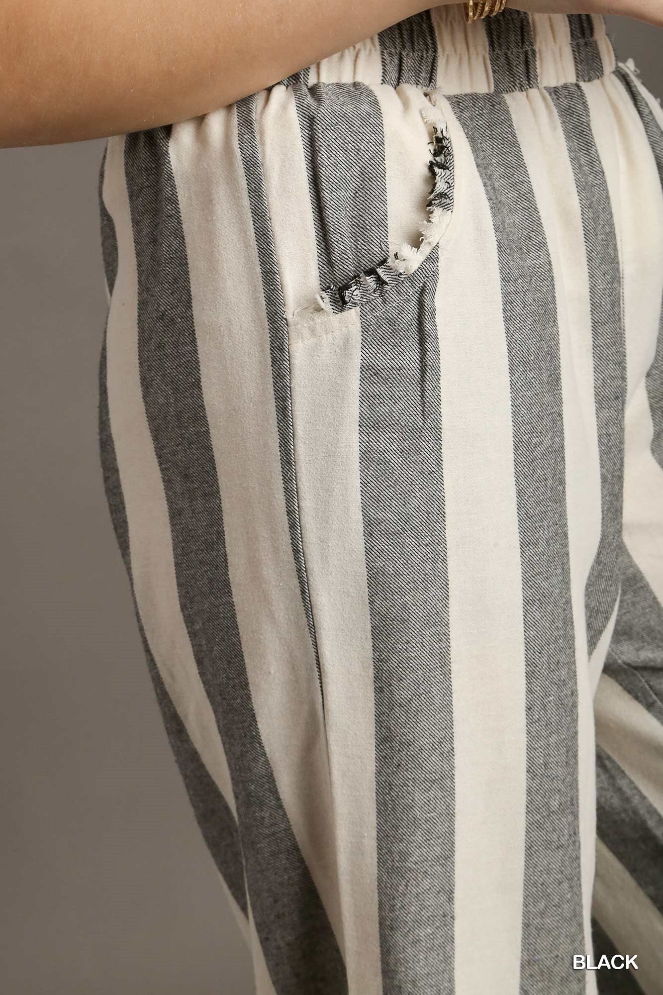 Umgee Stripped Frayed Hem Side Pockets No Lining Pants