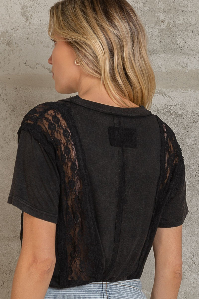 POL Inset Lace Outseam Details Short Sleeve V Neck Tee Top