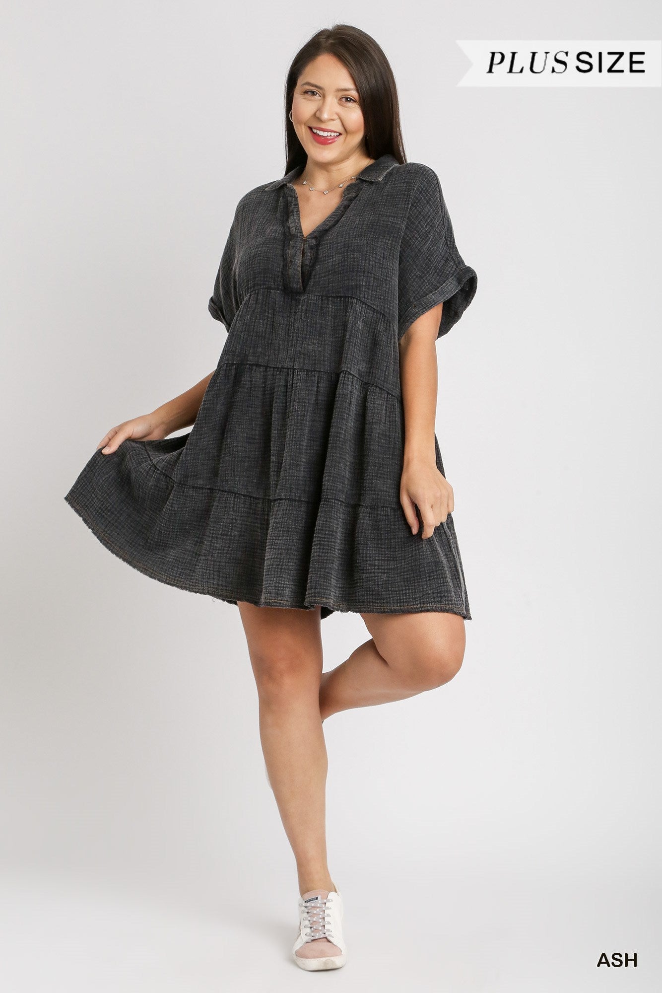 Umgee Plus Mineral Wash Baby Doll Tiered Dress No Lining Dress