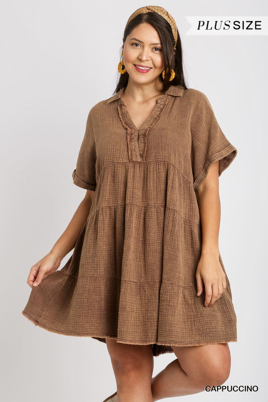 Umgee Plus Mineral Wash Baby Doll Tiered Dress No Lining Dress