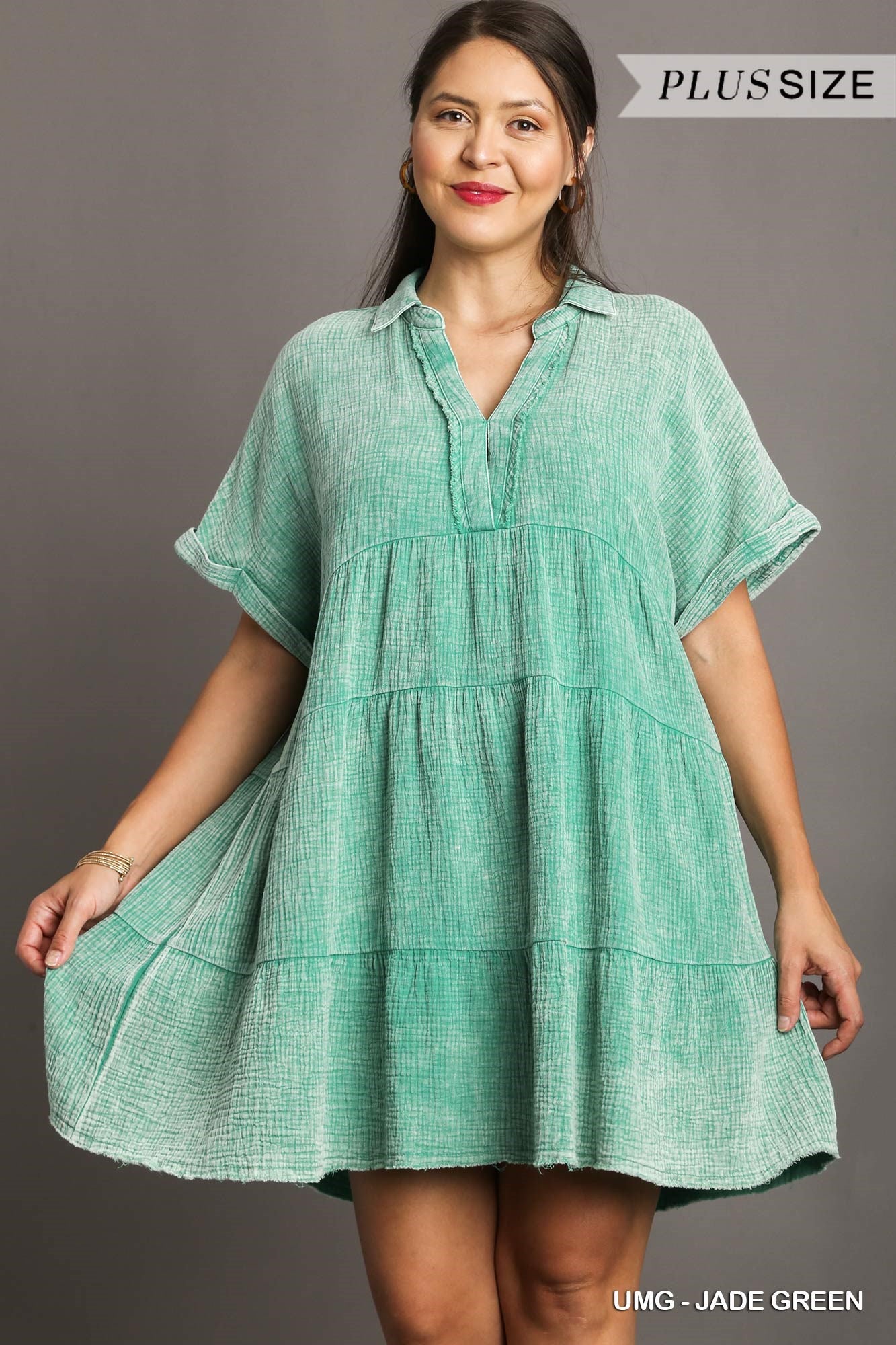 Umgee Plus Mineral Wash Baby Doll Tiered Dress No Lining Dress