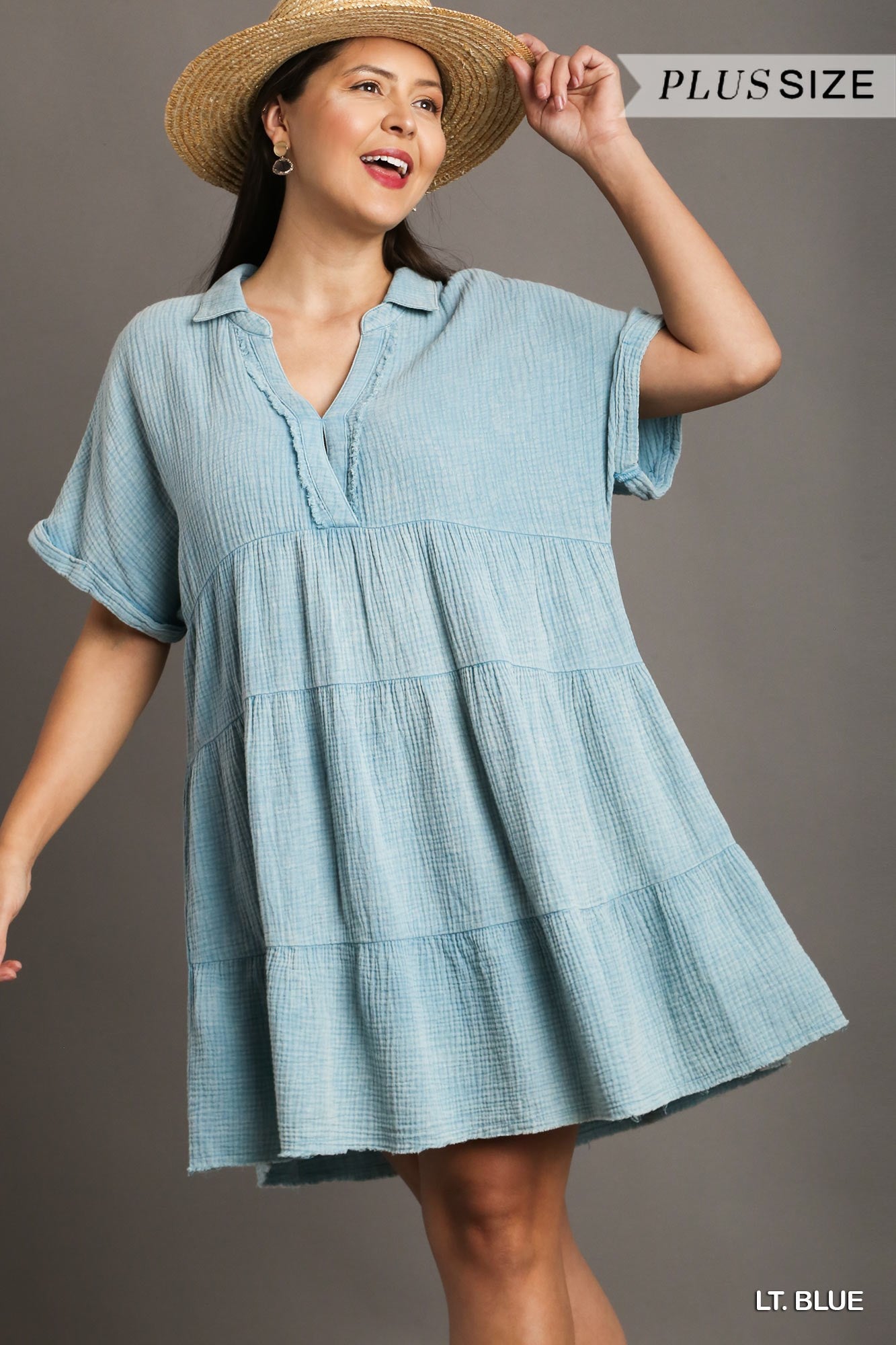 Umgee Plus Mineral Wash Baby Doll Tiered Dress No Lining Dress