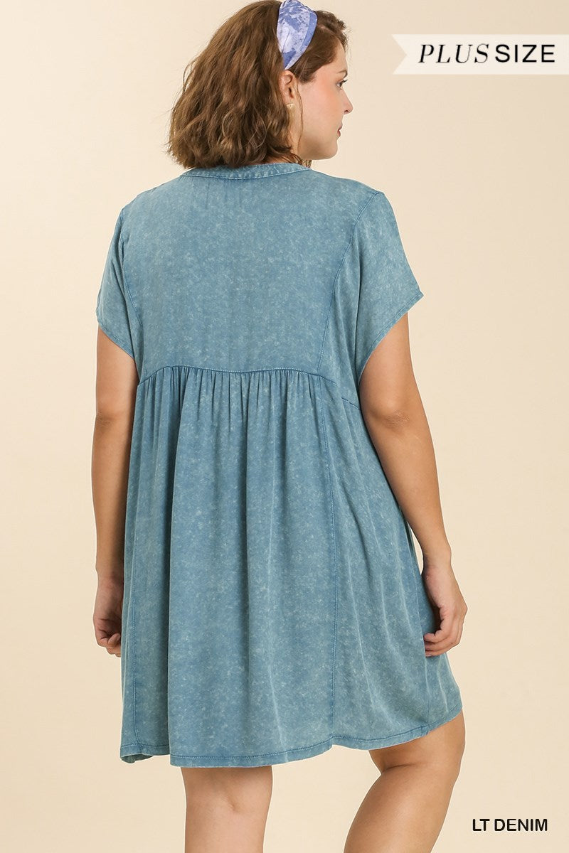 Umgee Plus Mineral Wash Split Neck Button No Lining Dress
