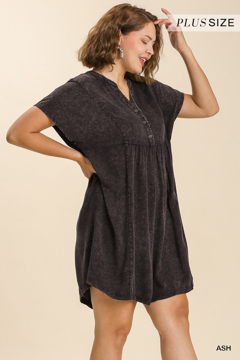 Umgee Plus Mineral Wash Split Neck Button No Lining Dress