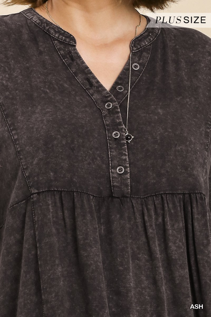 Umgee Plus Mineral Wash Split Neck Button No Lining Dress