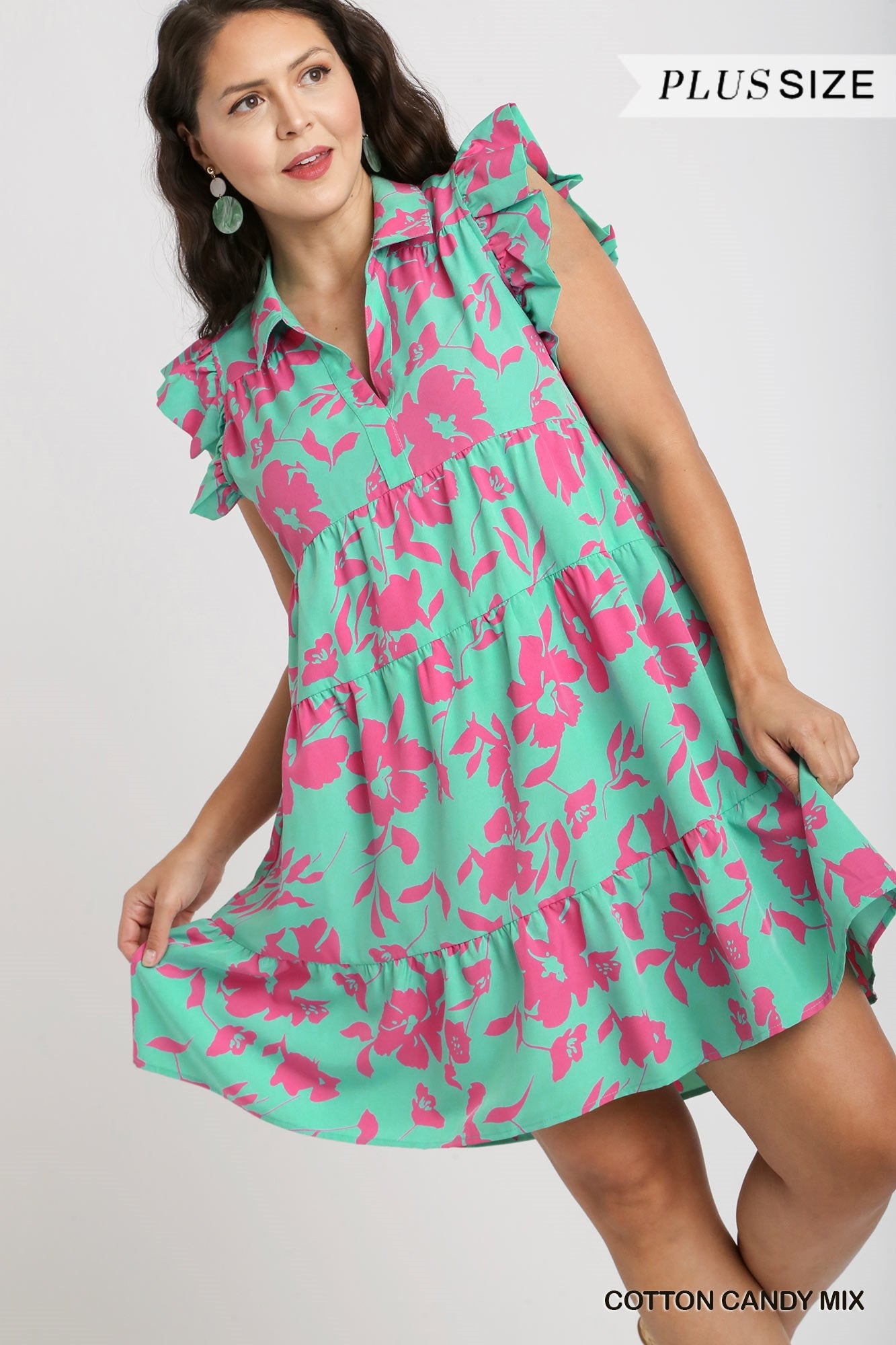 Umgee Plus Floral Print A-Line Collared Tiered Flutter Sleeves Dress