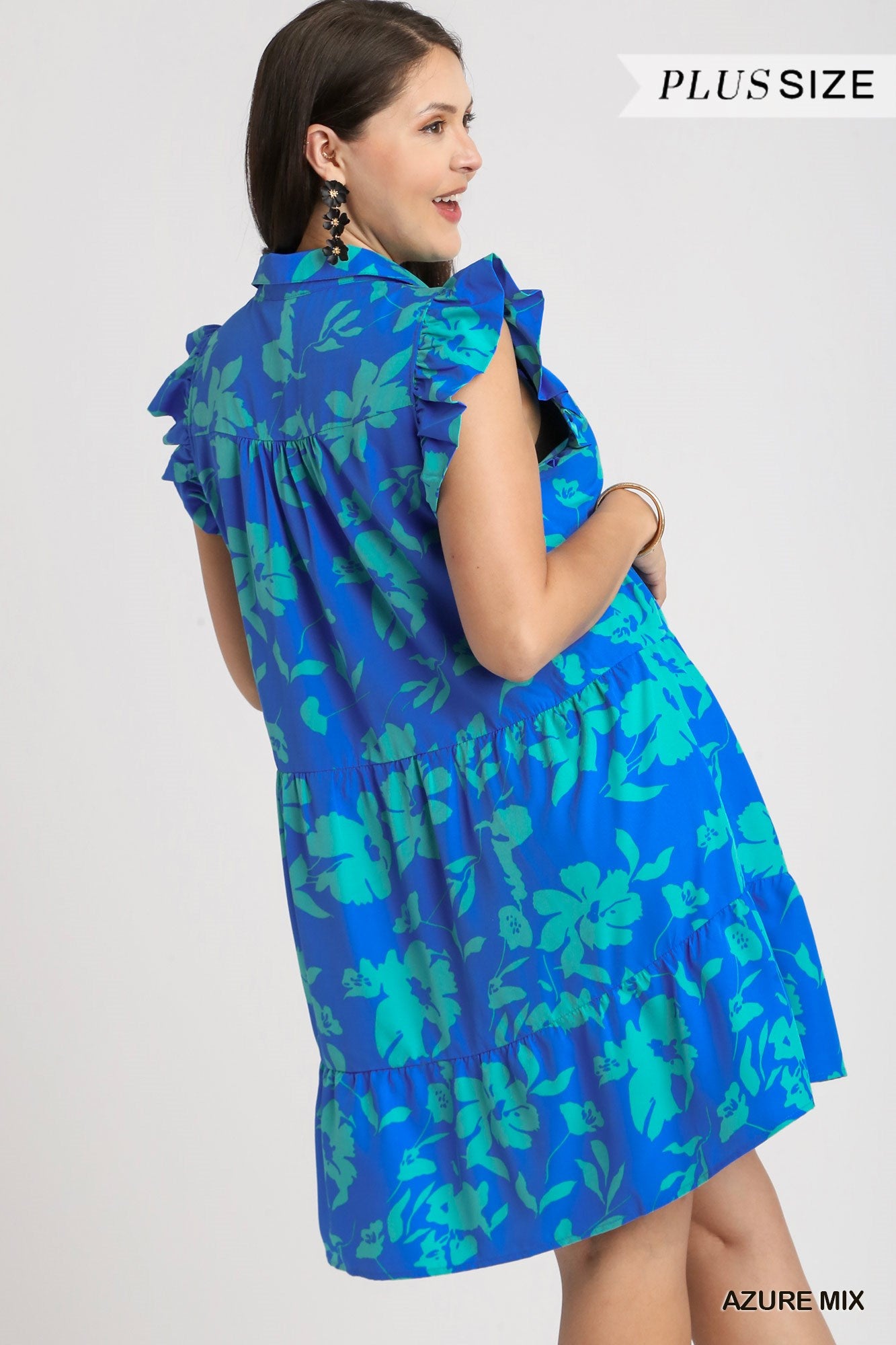 Umgee Plus Floral Print A-Line Collared Tiered Flutter Sleeves Dress