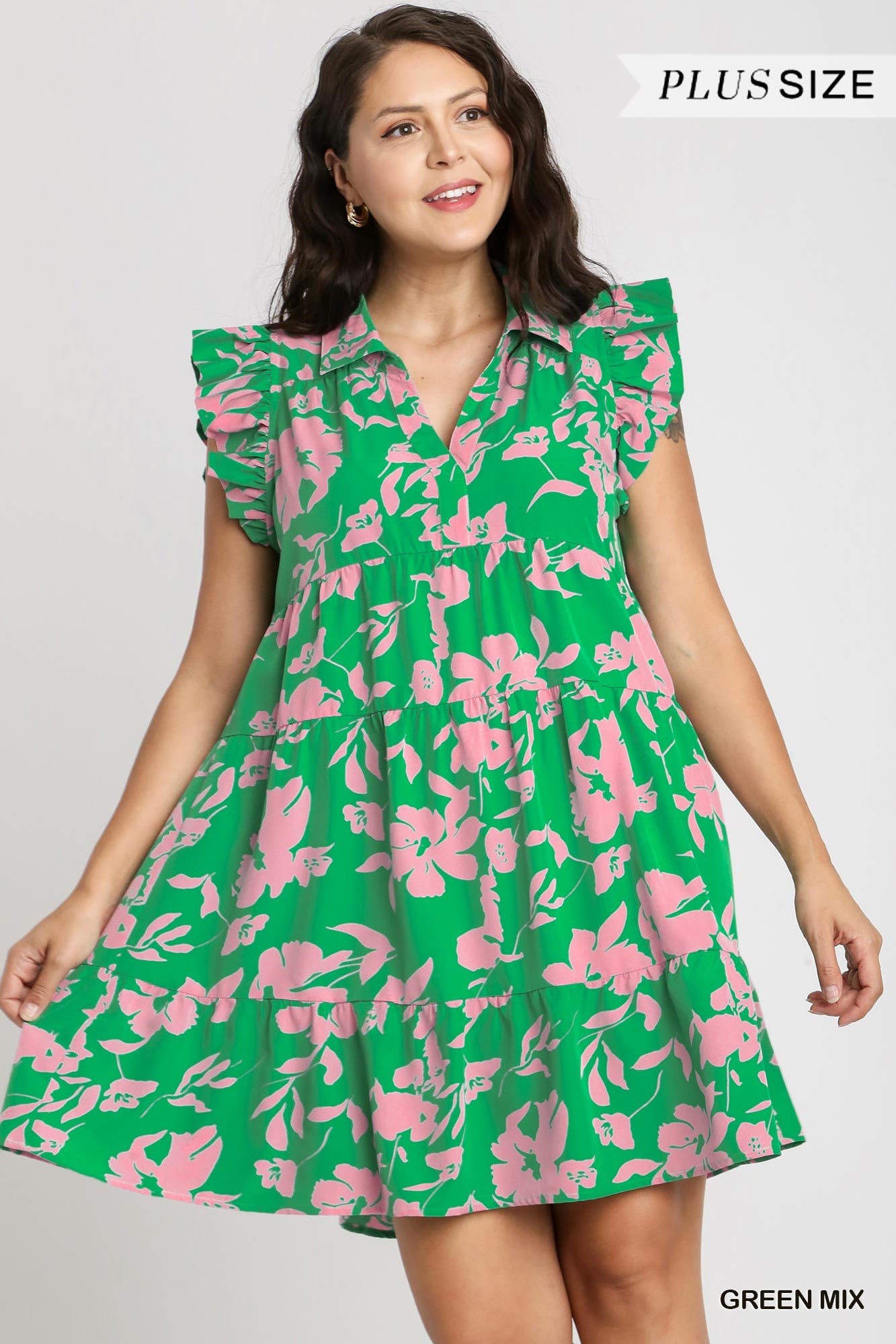 Umgee Plus Floral Print A-Line Collared Tiered Flutter Sleeves Dress