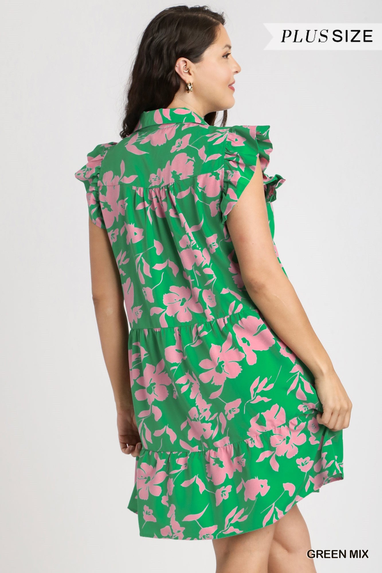 Umgee Plus Floral Print A-Line Collared Tiered Flutter Sleeves Dress