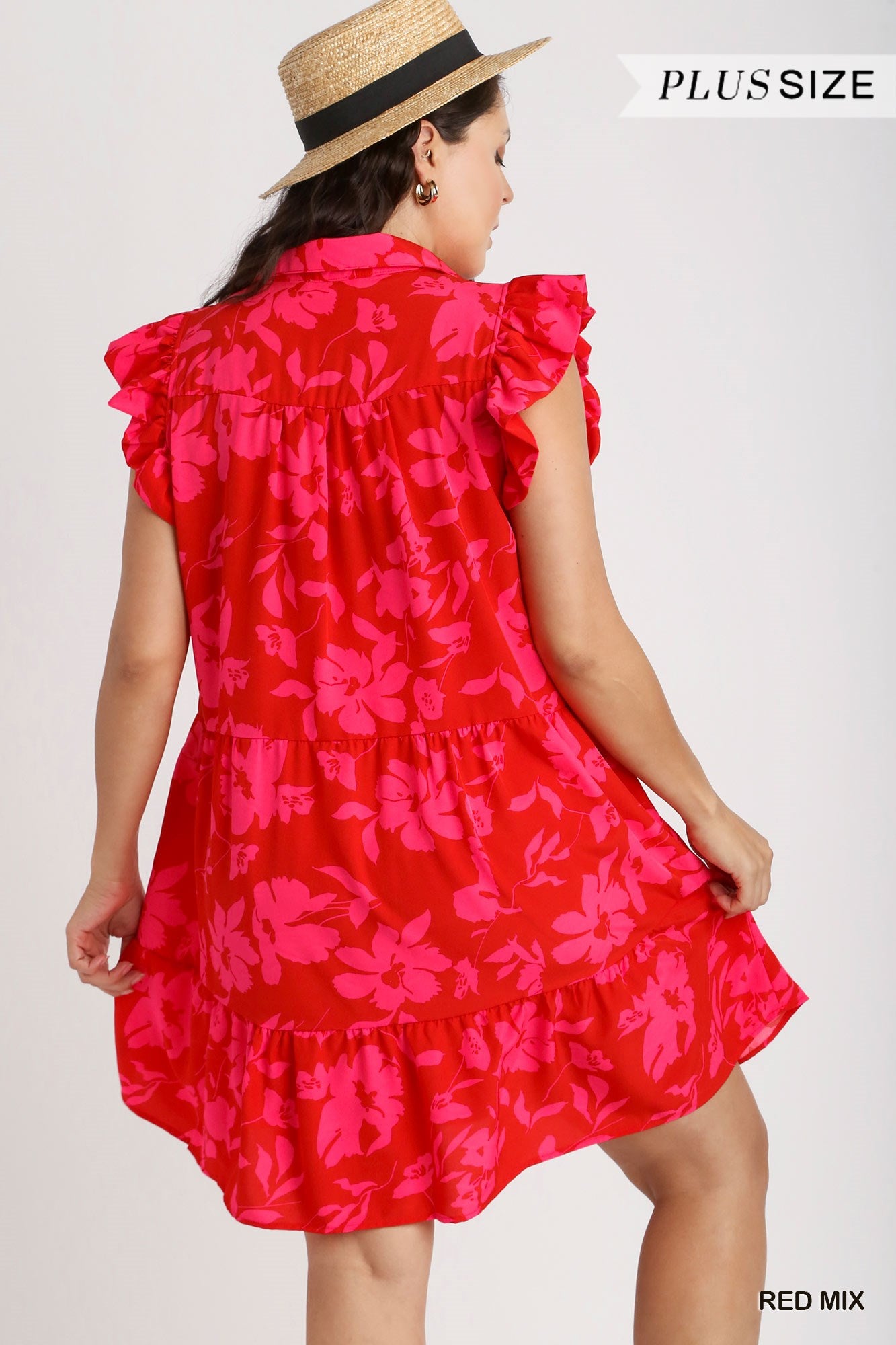 Umgee Plus Floral Print A-Line Collared Tiered Flutter Sleeves Dress