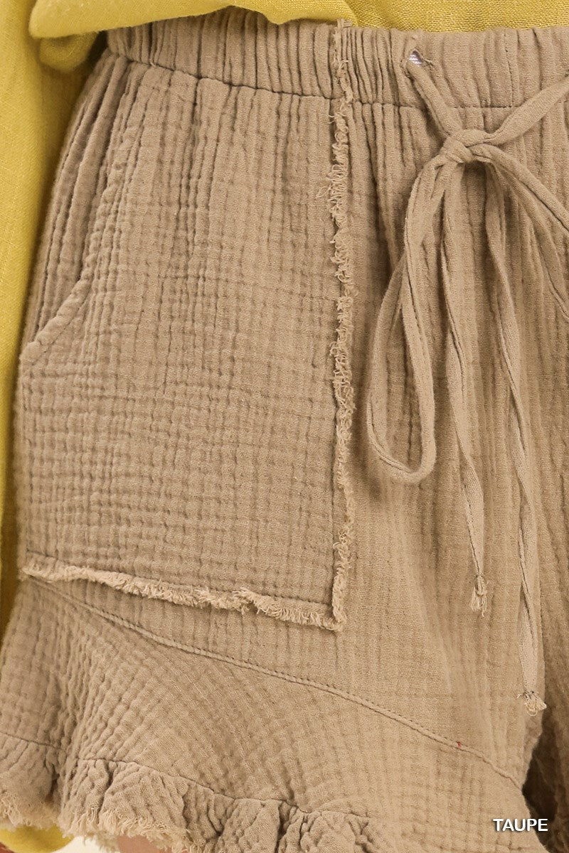 Umgee Elastic Waist Drawstring Ruffle Hem Side Pockets Shorts