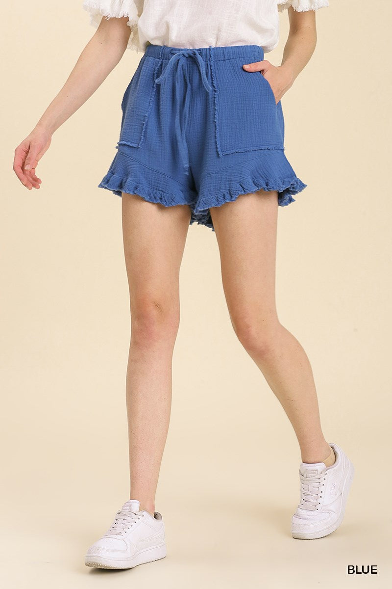 Umgee Elastic Waist Drawstring Ruffle Hem Side Pockets Shorts
