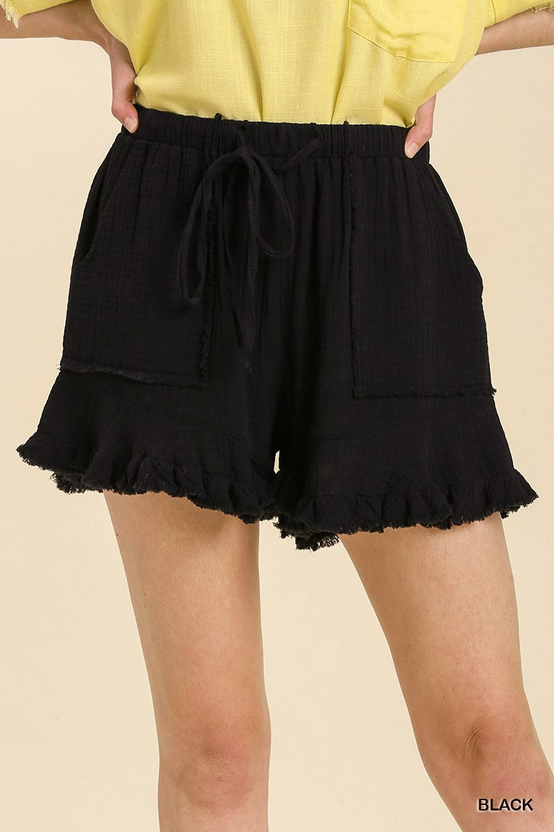 Umgee Elastic Waist Drawstring Ruffle Hem Side Pockets Shorts