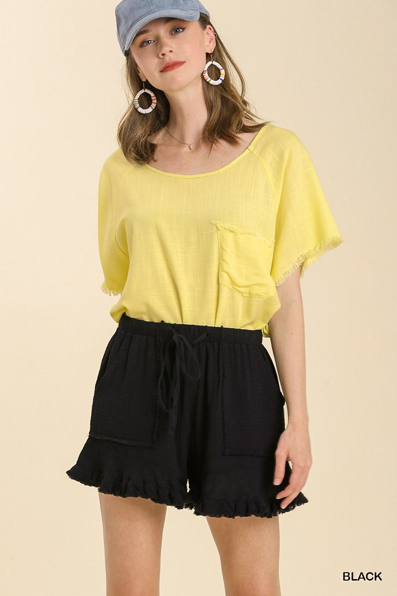 Umgee Elastic Waist Drawstring Ruffle Hem Side Pockets Shorts