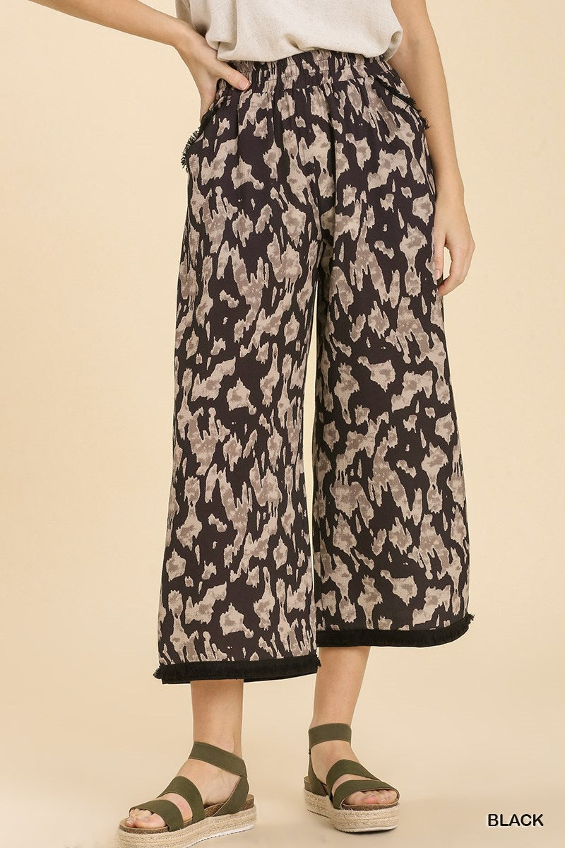 Umgee Elastic Waist Band Unfished Hem Wide Leg Pants