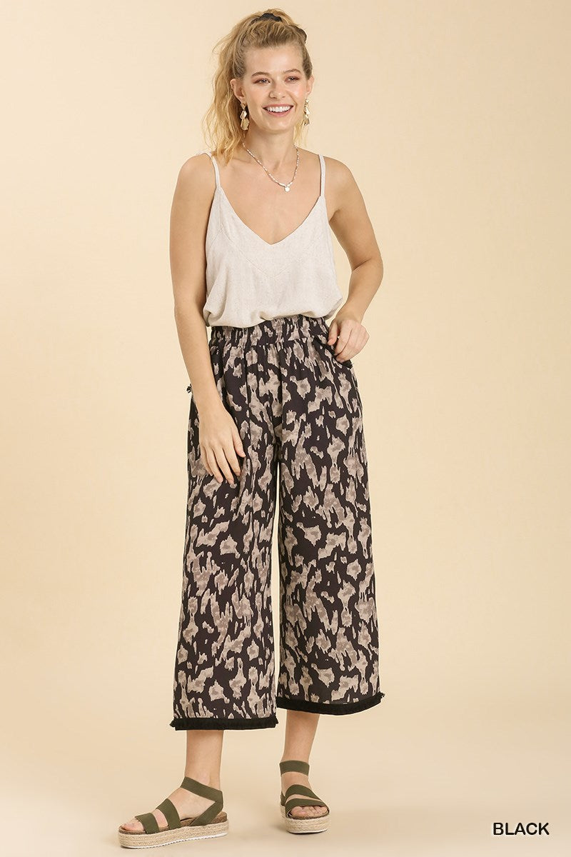 Umgee Elastic Waist Band Unfished Hem Wide Leg Pants
